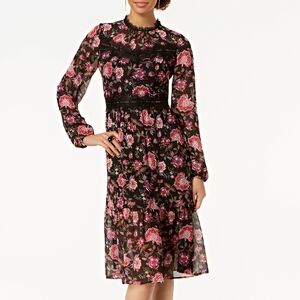 Nine West Lace-Trim Black Floral Chiffon Midi Dress — Size 12